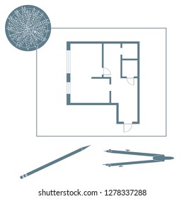 Vector illustration with apartment plan, compass, pencil, cactus. Architecture project.