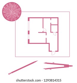 Vector illustration with apartment plan, compass, pencil, cactus. Architecture project.