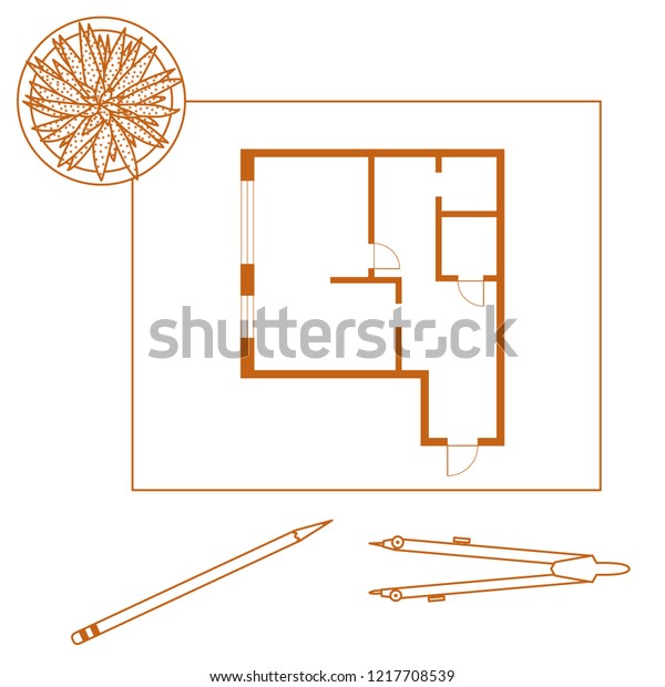 Vector illustration with apartment\
plan, compass, pencil, cactus. Architecture\
project.