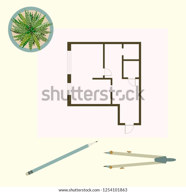 Vector illustration with apartment
plan, compass, pencil, cactus. Architecture
project.