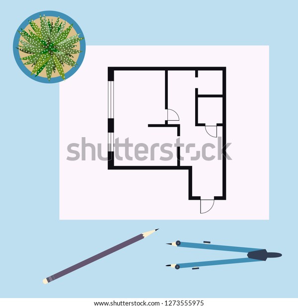 Vector illustration with apartment\
plan, compass, pencil, cactus. Architecture\
project.