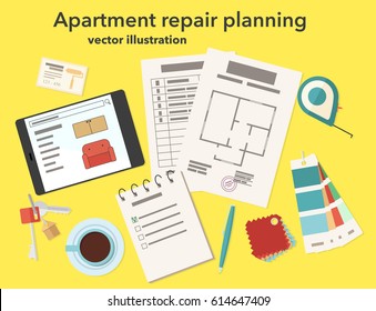 Vector Illustration of Apartment repair planning top view. Work designer's choice of color, furniture. Business card, tablet, house plan, notebook, pen, keys, tape measure, estimate in flat design