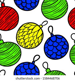
vector illustration apattern multicolored christmas toys ball, white background