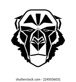 Vector illustration of Ape  logo. Flat cartoon style. A black and white image of a gorilla's head 