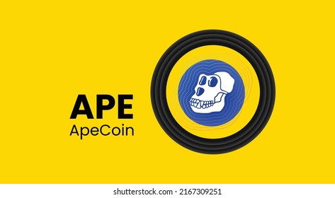 Vector illustration of Apecoin, APE crypto currency logo on yellow background with copy space. Apecoin, APE cryptocurrency token logo or symbol banner. svg