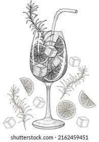 Vector illustration of aperol spritz cocktail in a glass goblet with orange, rosemary and ice cubes in engraving style