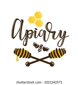 Vector illustration of a 'apiary' lettering. Logo design template with spoons of honey and a bee