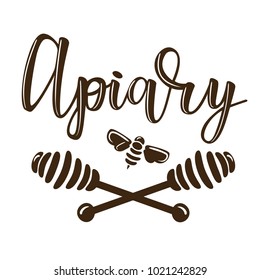 Vector illustration of a 'apiary' lettering. Logo design template with spoons of honey and a bee