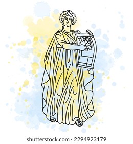  Vector illustration of Apollo Musagetes. Line art of greek sculpture with watercolor background