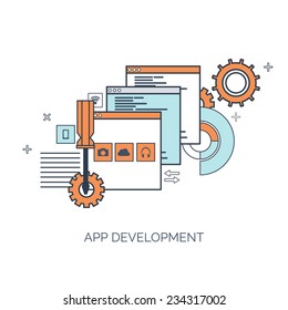 Vector illustration. App development. Flat computing background. Programming and coding. Web development and search. Search engine optimization. Innovation and technologies. Mobile app.