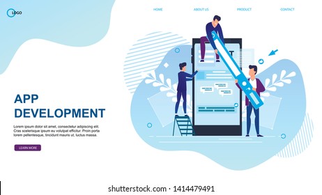 Vector Illustration App Development Landing Page. Mobile Application Development Service. Programmers are Working Effective Placementcontent. Smartphone Screen, People make Up Mobile App Layout.