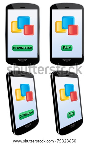 Vector illustration of app downloading and buying with touch screen mobile phone. EPS8 file layered and grouped for easy editing