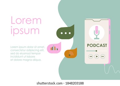 Ilustración vectorial de una aplicación con icono podcast en la pantalla. Banner de plantilla de vector