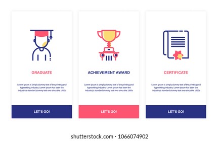 Vector Illustration App Screens and Web Concept, Education and Learning, Graduate, Achievement Award, Certificate.