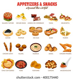 A vector illustration of appetizers and snacks around the world icon sets