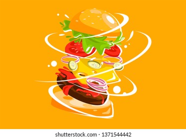 Vector illustration of appetizing Burger, layers of Burger, ingredients of cheeseburger collection