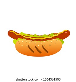 vector illustration appetizing hot dog with tasty sausage with mustard and lettuce on a white background