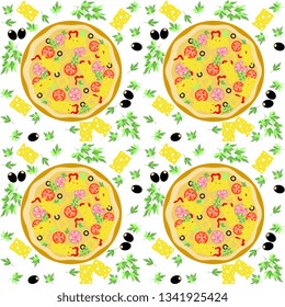 Vector illustration of an appetizing pizza with greens, olives, cheese on a white background, artistic. Festive pizza postcard design.