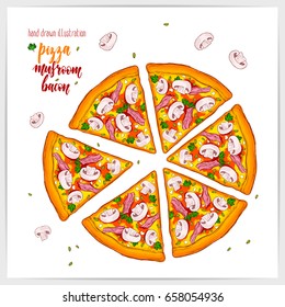 Vector illustration of appetizing pizza with mushrooms and bacon. Colorful and tasty.