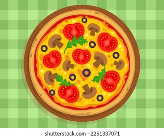 Vector illustration of appetizing vegetable pizza with mushrooms. Italian pizza on a wooden dish on a green checkered tablecloth.