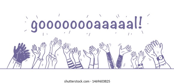 Vector illustration of applause, greeting & congratulation with hand drawn human hands clapping raised up celebrating isolated on white background. For card, banner, poster, placard, flayer design etc