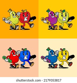 vector illustration of apple and avocado fruit cartoon character with 4 different colors, perfect for symbols, logos, posters and advertisements