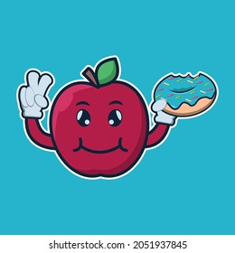 vector illustration of apple character eating donut