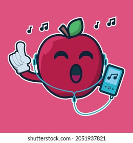 vector illustration of apple character listening to music