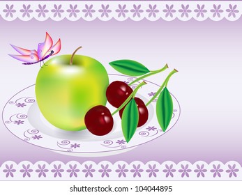 Vector Illustration: apple; cherry on the plate