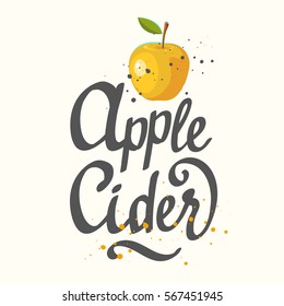 Vector illustration with apple cider in sketch style on white background. Brush calligraphy elements for your menu design. Handwritten ink lettering.