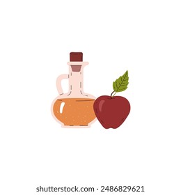 Vector illustration of apple cider vinegar in a glass bottle with a stopper and a fresh apple next to it. Ideal for dishes from any restaurant and cuisine