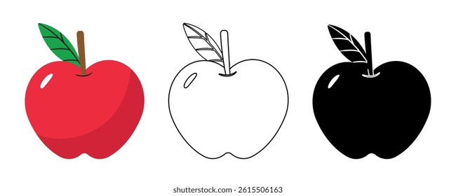 Vector Illustration of an Apple in Color Outline and Solid Black Styles Isolated on White Background