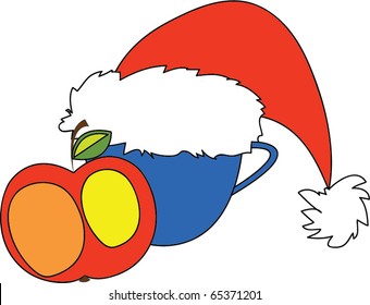 vector illustration of an apple and a cup in the cap of Santa Claus