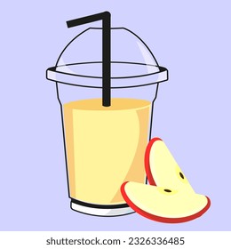 ilustración vectorial de una bebida de manzana en un vidrio de plástico con dos rodajas de manzana