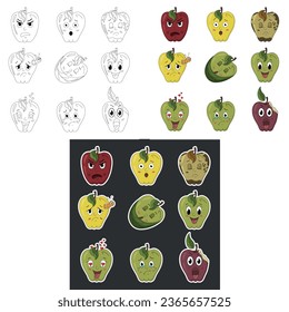 Vector illustration of apple emotion. Apple stickers. Apple emotions: angry, cheerful, joyful, sad, in love, surprised, scared, sick. The apple is sleeping.