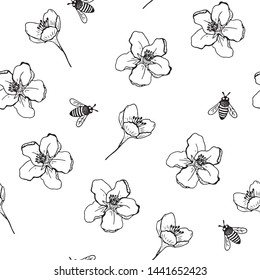 Vector illustration of apple flower and адн bee on a white background. Hand drawing. Monochrome vector set of apple tree flower and flying bees.