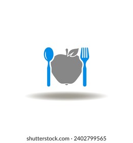 Vector illustration of apple with fork and spoon. Icon of dieting. Symbol of metabolism. Sign of paleo diet. Pictogram of vegetable, vitamin, eco, healthy food.