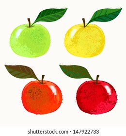 Vector illustration of apple fruit. The drawing imitates dry brush watercolor technique. Set of 4 images for package design like juice boxes, yogurt, dry fruit mix, jelly, or caffeine free tea, jam