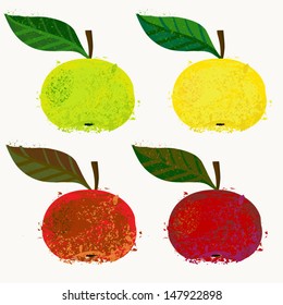 Vector illustration of apple fruit. The drawing imitates dry brush watercolor technique. Set of 4 images for package design like juice boxes, yogurt, dry fruit mix, jelly, or caffeine free tea, jam