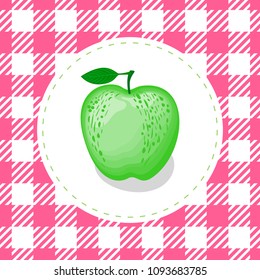 Vector illustration apple green color on round white backing and cell cute pink seamless pattern background.