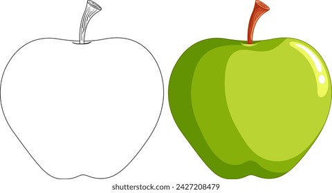 Vector illustration of an apple, half sketched, half colored.