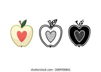 Vector illustration of an apple with a heart instead of a core for Valentine's Day. Outline, flat and simple style
