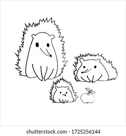 Vector illustration with apple and hedgehogs family for website, postcards, fabric, paper, banner, flyer, brochures, poster, coloring. 