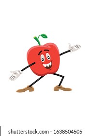 Vector illustration of an apple like a cartoon character, with an expressive face, arms, and legs. The character is standing, smiling and in a showing gesture.