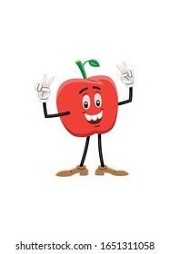 Vector illustration of an apple like a cartoon character, with an expressive face, arms, and legs. The character is standing, smiling and doing the sign of victory with his hands.