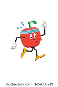 Vector illustration of an apple like a cartoon character, with an expressive face, arms, and legs. The character is running, and wears sports equipment.