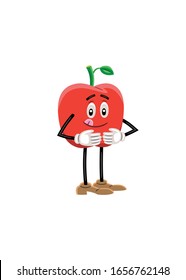 Imagen vectorial de una manzana como un personaje de caricatura, con cara expresiva, brazos y piernas. El personaje está de pie y tiene hambre.