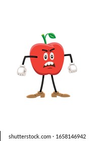 Vector illustration of an apple like a cartoon character, with an expressive face, arms, and legs. The character is standing, and is angry.