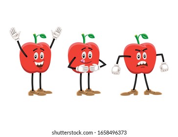 Vektorillustration-Abbildung eines Apfels wie ein Cartoon-Charakter, mit einem ausdrucksstarken Gesicht, Armen, Beinen und in drei verschiedenen Posen: Er hob die Arme, hungrig und wütend.