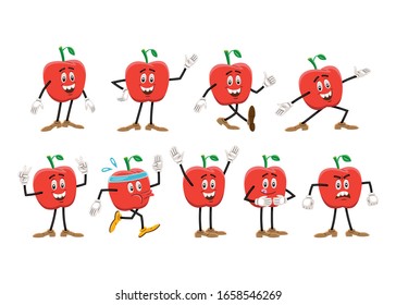 Vector illustration of an apple like a cartoon character, with an expressive face, arms and legs. The character is in nine different poses. Collection.